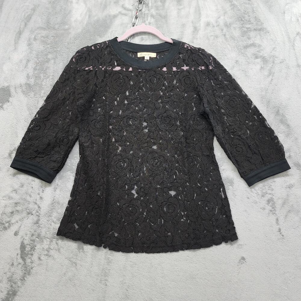 Comme Toi... Crew Neck Crop Sleeve Lace Pull Over Top Size S Black Stretch Sheer